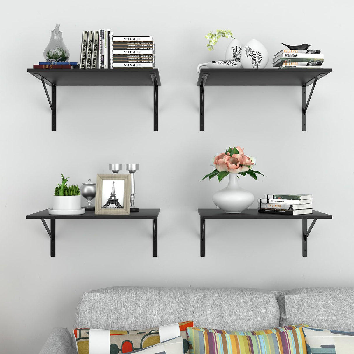 Deep Floating Wall Shelves - 4 Sets of 12 Inch Wide Black Wood Shelves for Bathroom, Bedroom, Kitchen, Living Room WoodArtSupply
