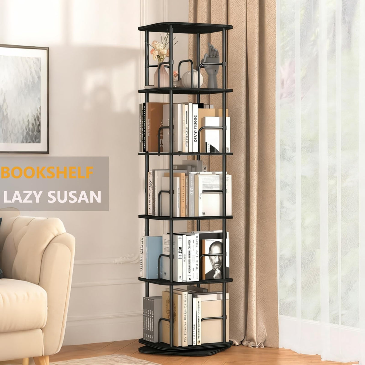 Lauxery 5 Tier Rotating Bookshelf, 360° Spinning Bookshelf Tower,Space Saving Floor Standing Corner Storage Organizer for Small Spaces, Square Revolving Bookcase for Home Office Living Room, Black Lauxery