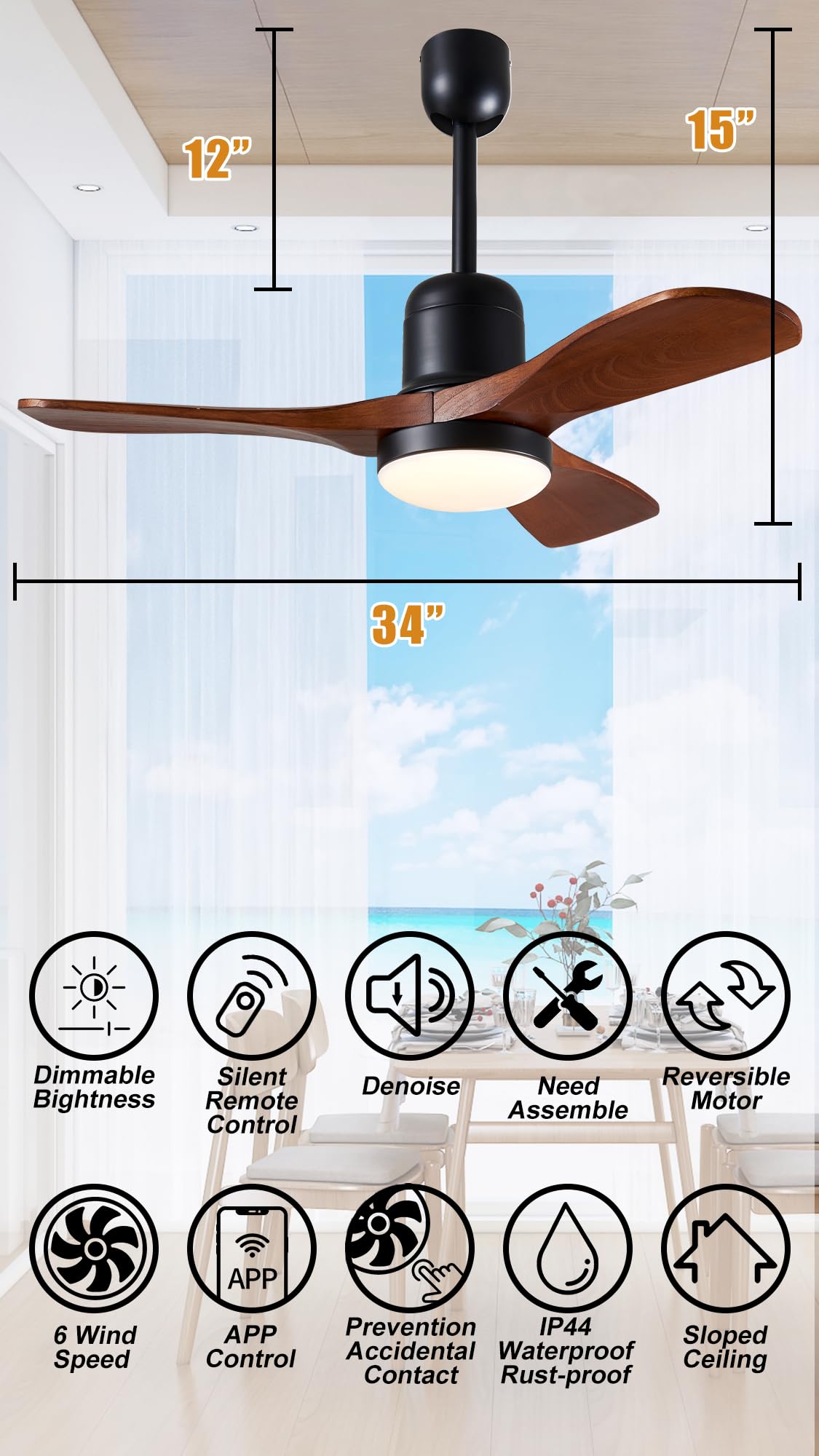 Linher 36"" Outdoor Gazebo Fan with Dimmable Light and Memory Remote, Plug-In Wet Rated Outdoor Ceiling Fan, Outdoor Hanging Fan For Gazebo, Patio, Waterproof, Walnut, F235-BK-36in Linher