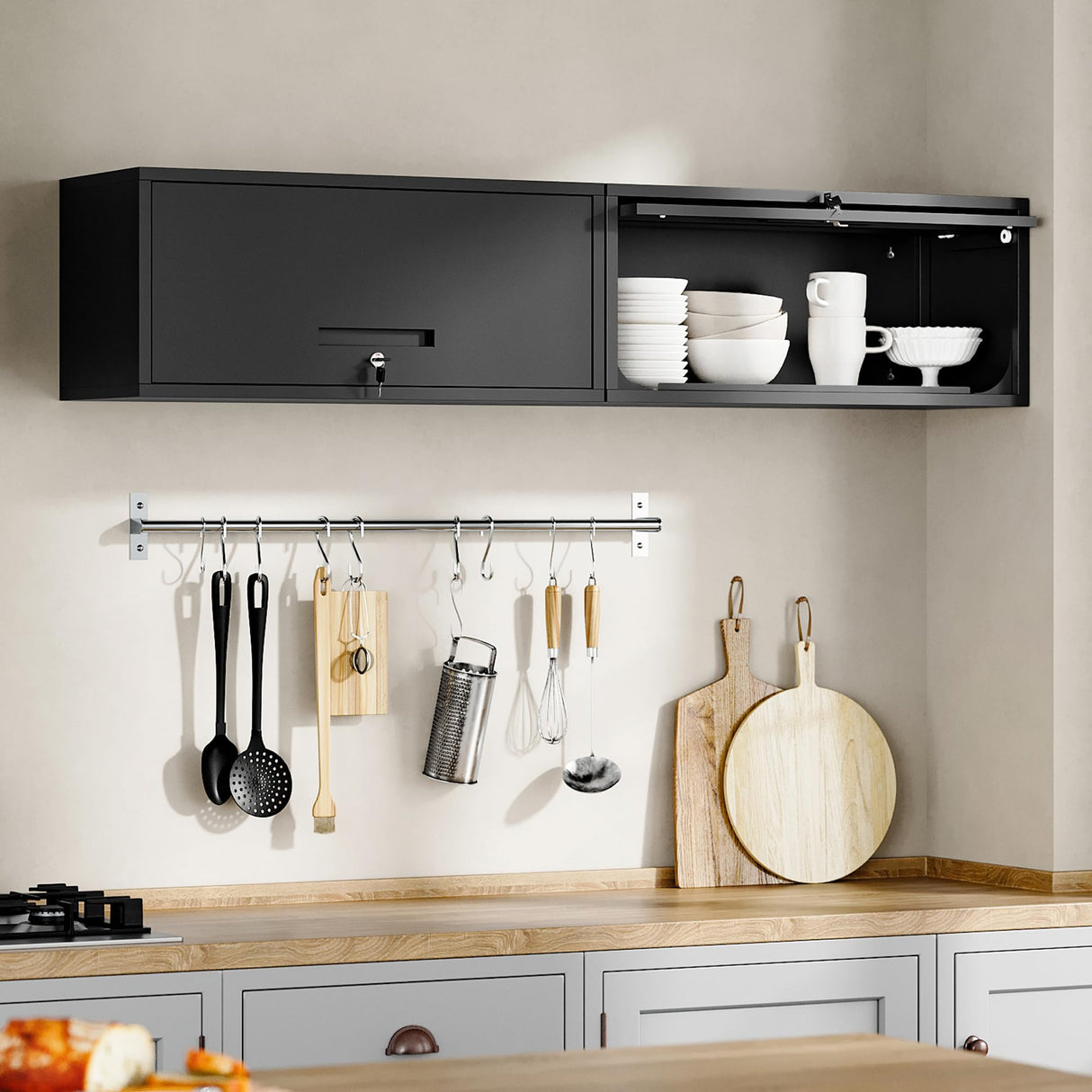 Yizosh Metal Garage Cabinet with Doors, Wall Mounted Storage Cabinet, Floating Tool Cabinet for Basement, Kitchen, Warehouse (Black, 13.7" H) Yizosh