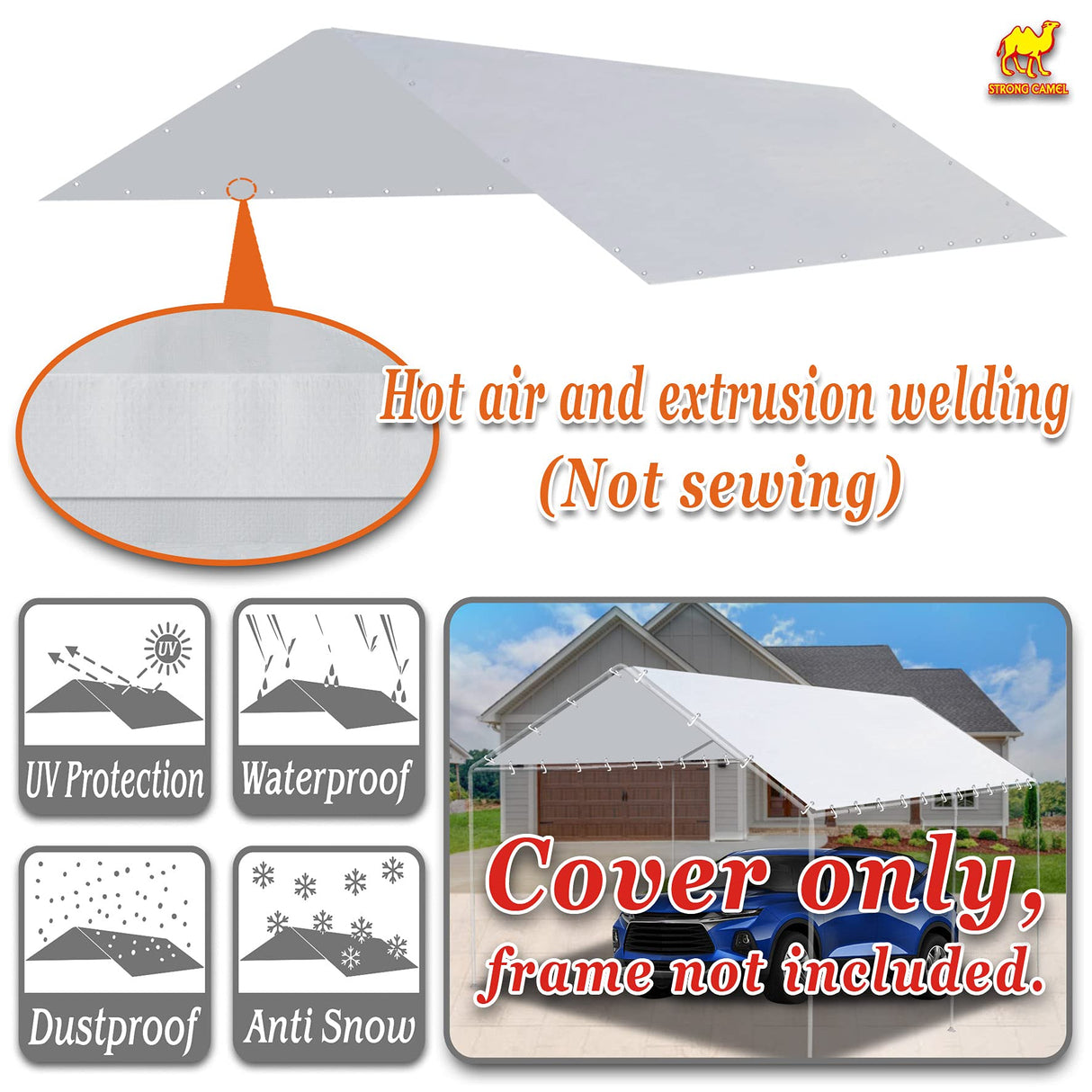 Strong Camel Carport Conopy Cover 10'x20' Replacement for Car Tent Outdoor Top Garage Shelter with Ball Bungees,Without Edge,White(Only Cover, Frame Strong Camel