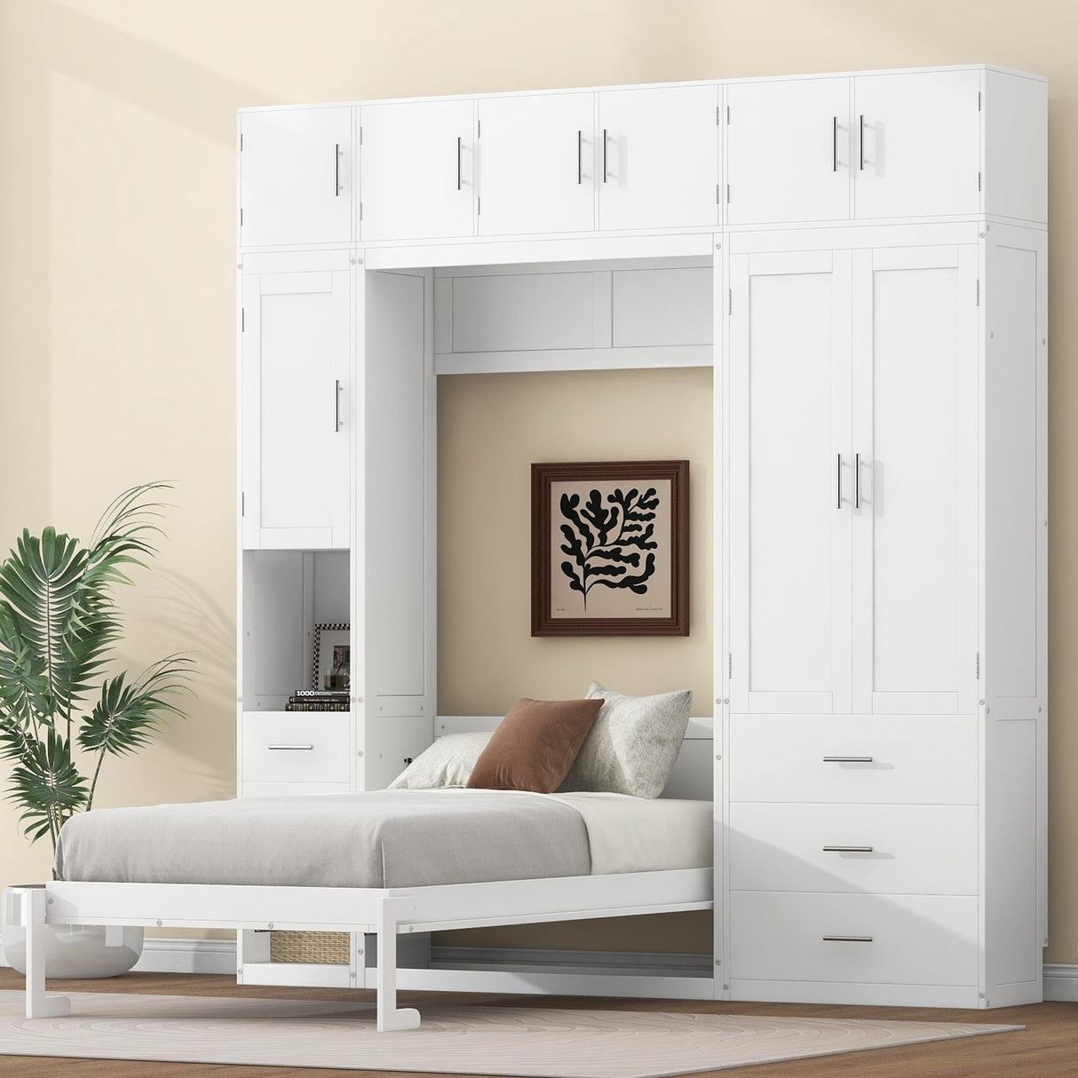 FAVSH Twin Size Murphy Bed with Lockers & Wardrobes, Solid Wood Wall Bed with Drawers, Space-Saving Hidden Bed, Fold-The-Way Bed Included Installation Video,White FAVSH