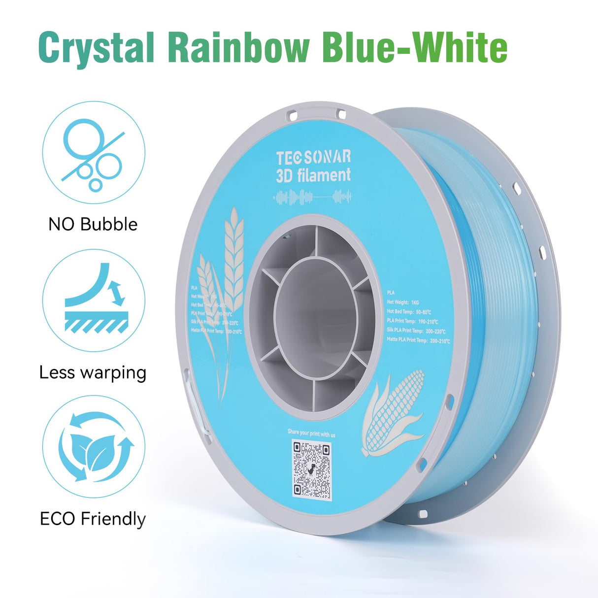 TECSONAR TECSONAR Crystal Rainbow PLA 3D Printer Filament, 1KG Spool(2.2lbs) 1.75mm PLA Fast Color Change 3D Printing Material,Gradient Filament for Most FDM 3D Printers,White Blue TECSONAR