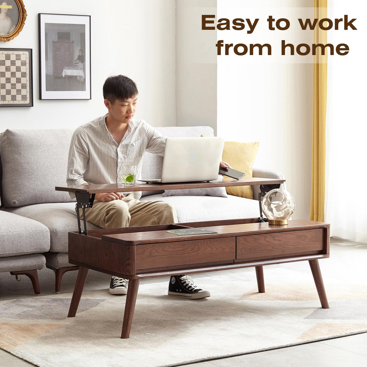 100% Solid Oak Wood Coffee Table, Lift Top Walnut Coffee Table with Drawers and Hidden Compartments, Rectangular Coffee Tables with Storage for Living Room Home Decor (39.37" L x 21.65" W x 25.59" H) Vadisun