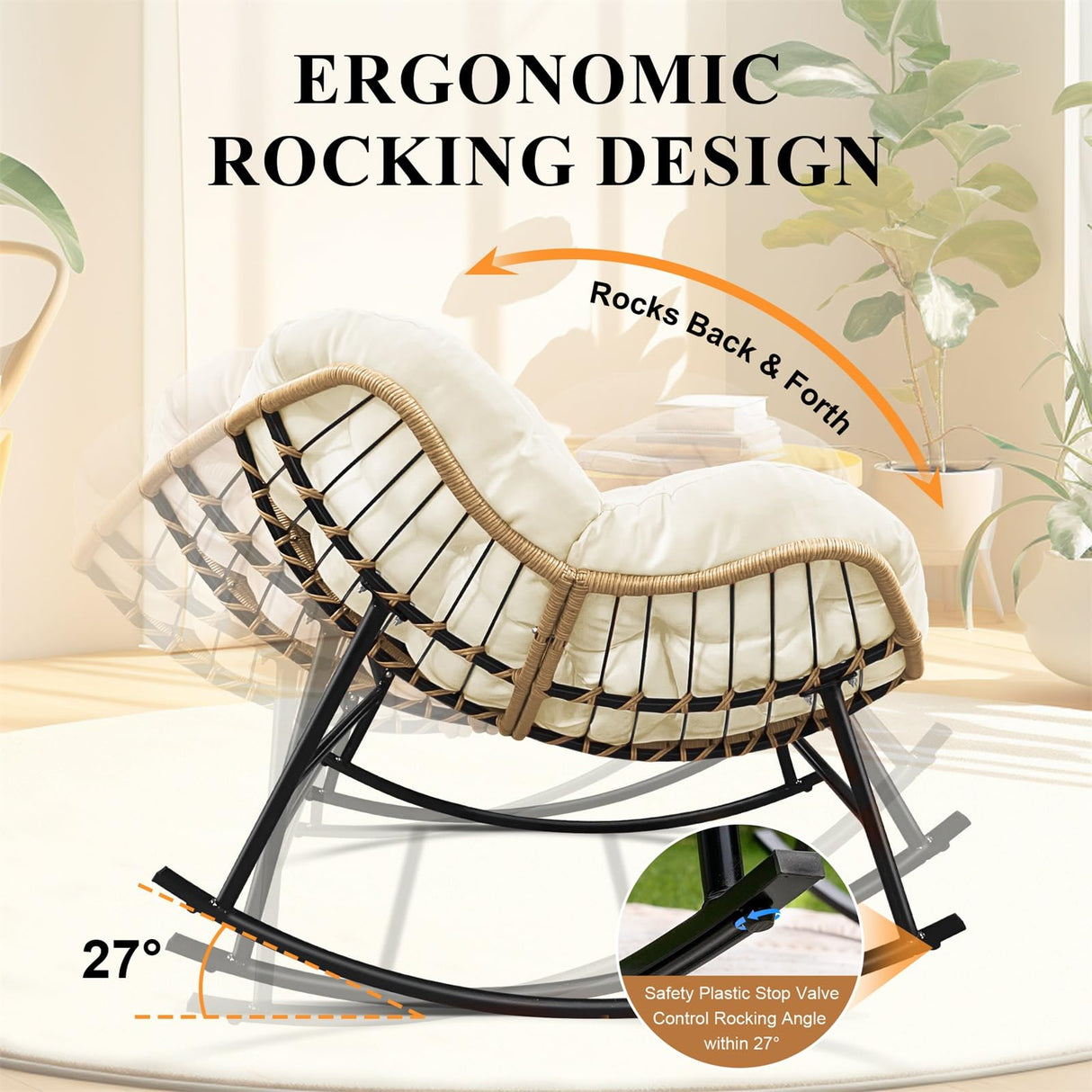 FINCATI Egg Rocking Chair with Ottoman Set of 2, Comfy Oversized Papasan Lounge Chairs with Padded Cushions, Double 2 Person Patio Rocker, Reading Glider for Indoor Outdoor Balcony Living Room, Beige FINCATI