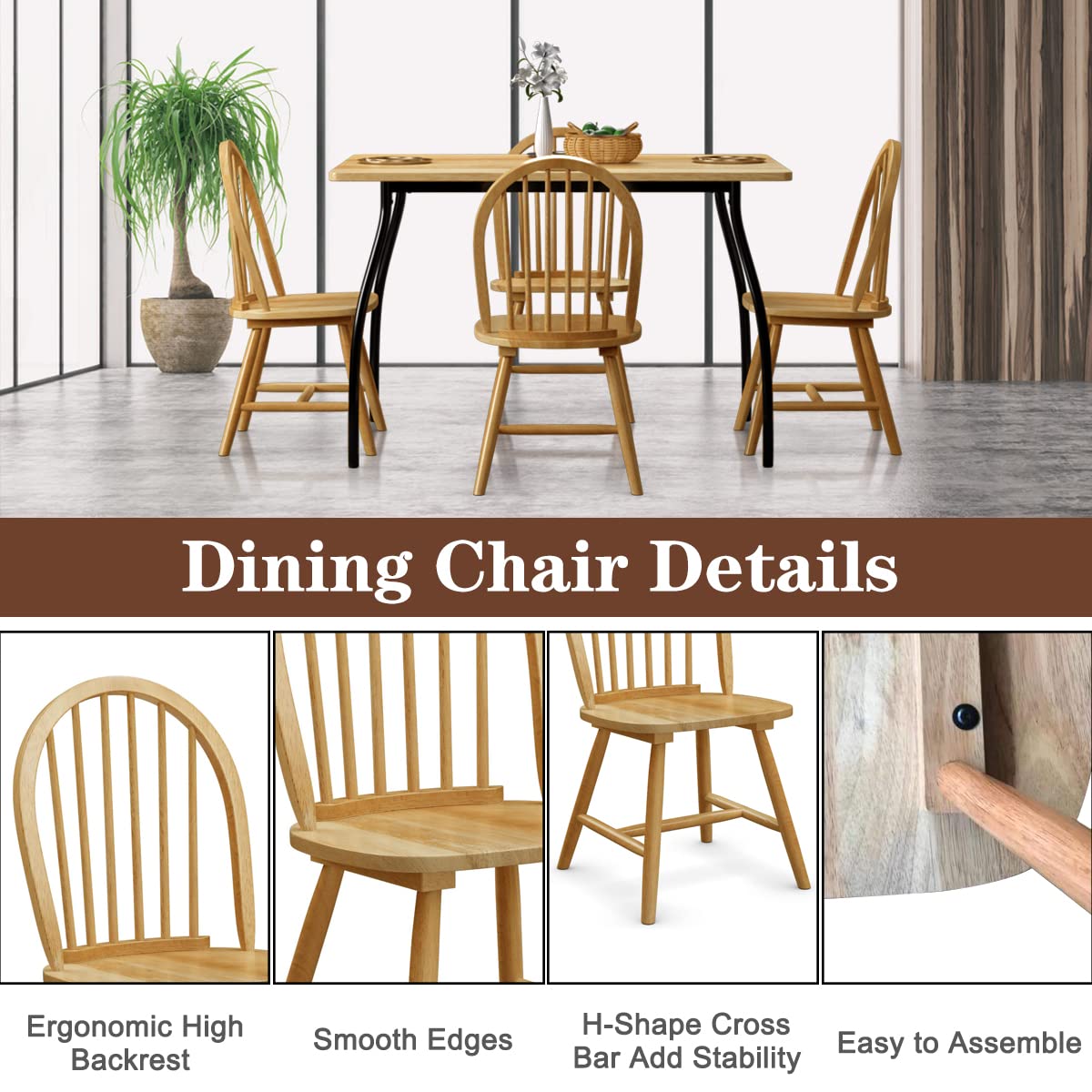 Giantex Wood Dining Chairs Set of 4, Windsor Chairs with Solid Wood Legs, High Spindle Back, H-Shaped Crossbars, Vintage Country Farmhouse Style Wooden Side Chairs Giantex