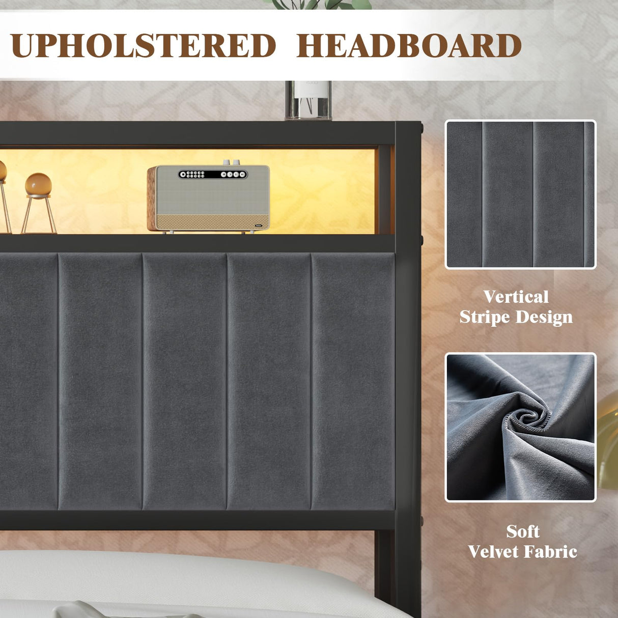 LUXOAK Full Bed Frame with LED Light and Charging Station, Velvet Upholstered Headboard with Storage Shelf, Heavy Duty Metal Slats/No Box Spring Needed/Easy Assembly, Grey LUXOAK