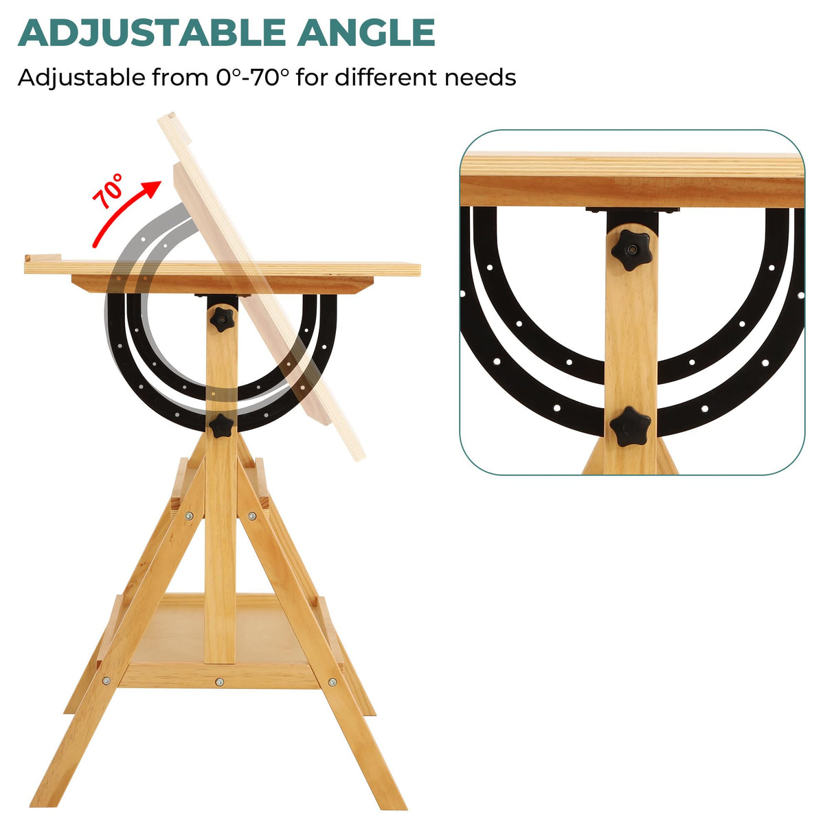 VISWIN Wood Drafting Table for Adults, Drawing Table with Adjustable Angle & 2-Tier Storage Racks for Art Studio, Solid Pine Wood Artist Desk for Drawing, Drafting, Writing, Reading, Sketching VISWIN