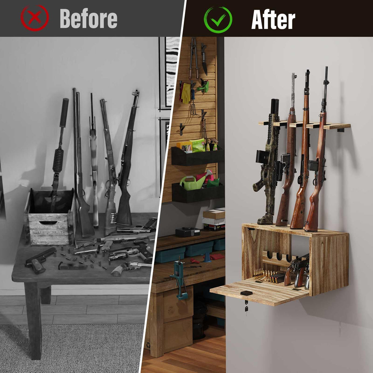 Emfogo Gun Rack Wall Mount, Wooden Rifle Racks with Gun Rack for Wall, Gun Display Racks for Indoor Firearms Storage, Holds up to 4 Long Guns and 6 Handguns, Gifts for Husband, Dad Emfogo