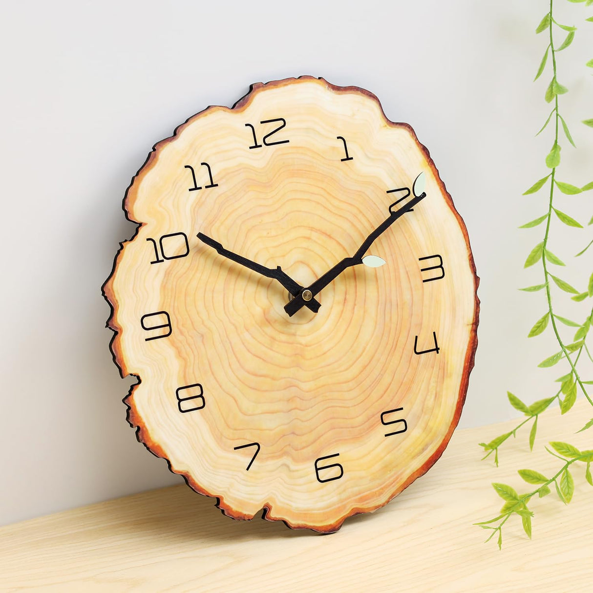funsec 12 Inch Annual Ring Wall Clock Wood Grain Clock Leaf Tree Stump Clock Creative Silent Clock Quartz Clock Battery Powered Arabic Numerals Decorative Home Living Room Office Size:10.55"Wx11.88"H funsec
