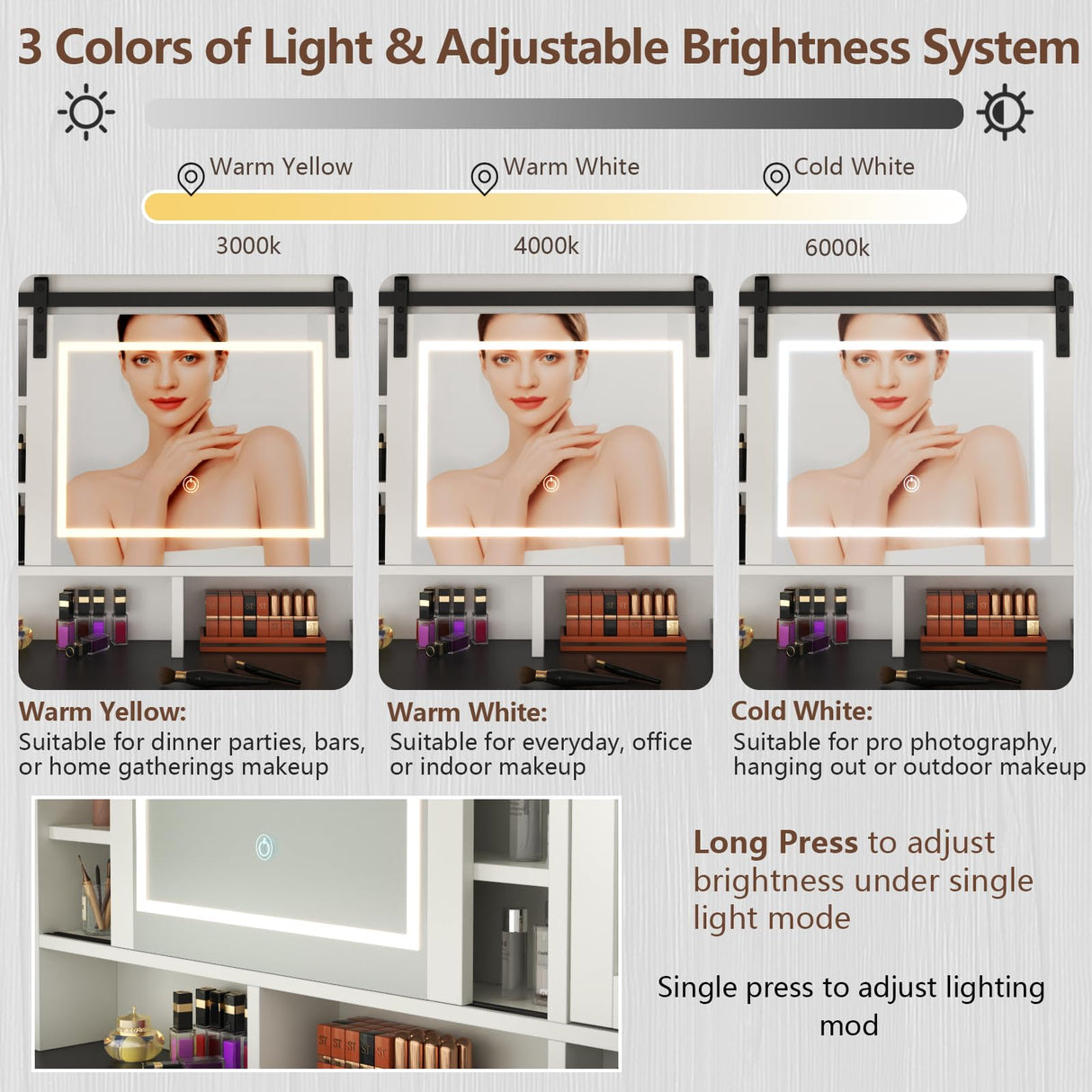 Gyfimoie Farmhouse Makeup Vanity Desk with Sliding Mirror and Lights, 42" White Vanity Set with Charging Station & 2 Drawers & 2 Cabinets, Dressing Table for Bedroom (White) Gyfimoie