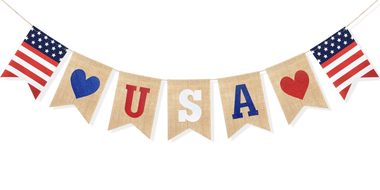 Uniwish USA Banner Burlap Bunting 4th of July Decorations American Independence Day Celebration Red White and Blue Theme Party Supplies Uniwish