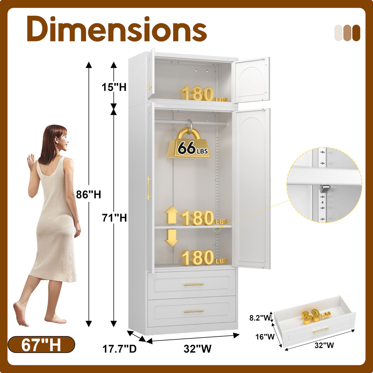 UNICOLY 86" Wardrobe with Drawers, 71'' Armoire Wardrobe Closet with 15" Cabinet, Metal Clothes Storage Cabinet with Hanging Rod, for Bedroom School, Employee, Gym, Assembly Required, White UNICOLY