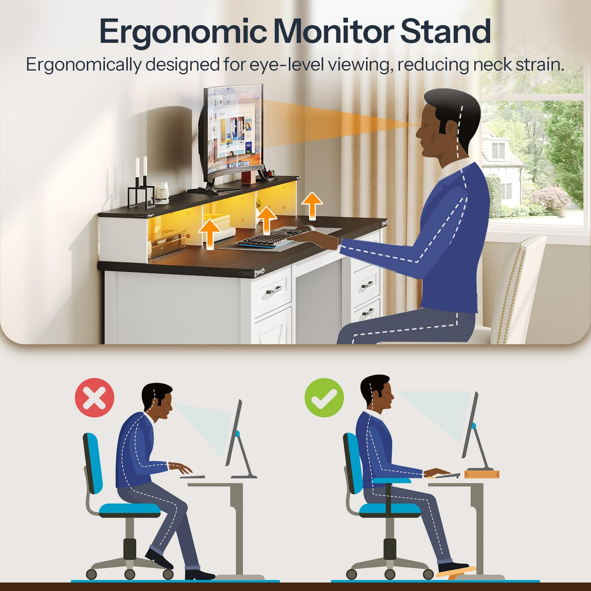 HOOBRO Farmhouse Executive Desk with Drawers, 63" Large Farmhouse Desk with Power Outlet & LED Light, Office Desk with Drawers, Computer Desk with File Cabinet, Writing Desk with Monitor Stand, White HOOBRO