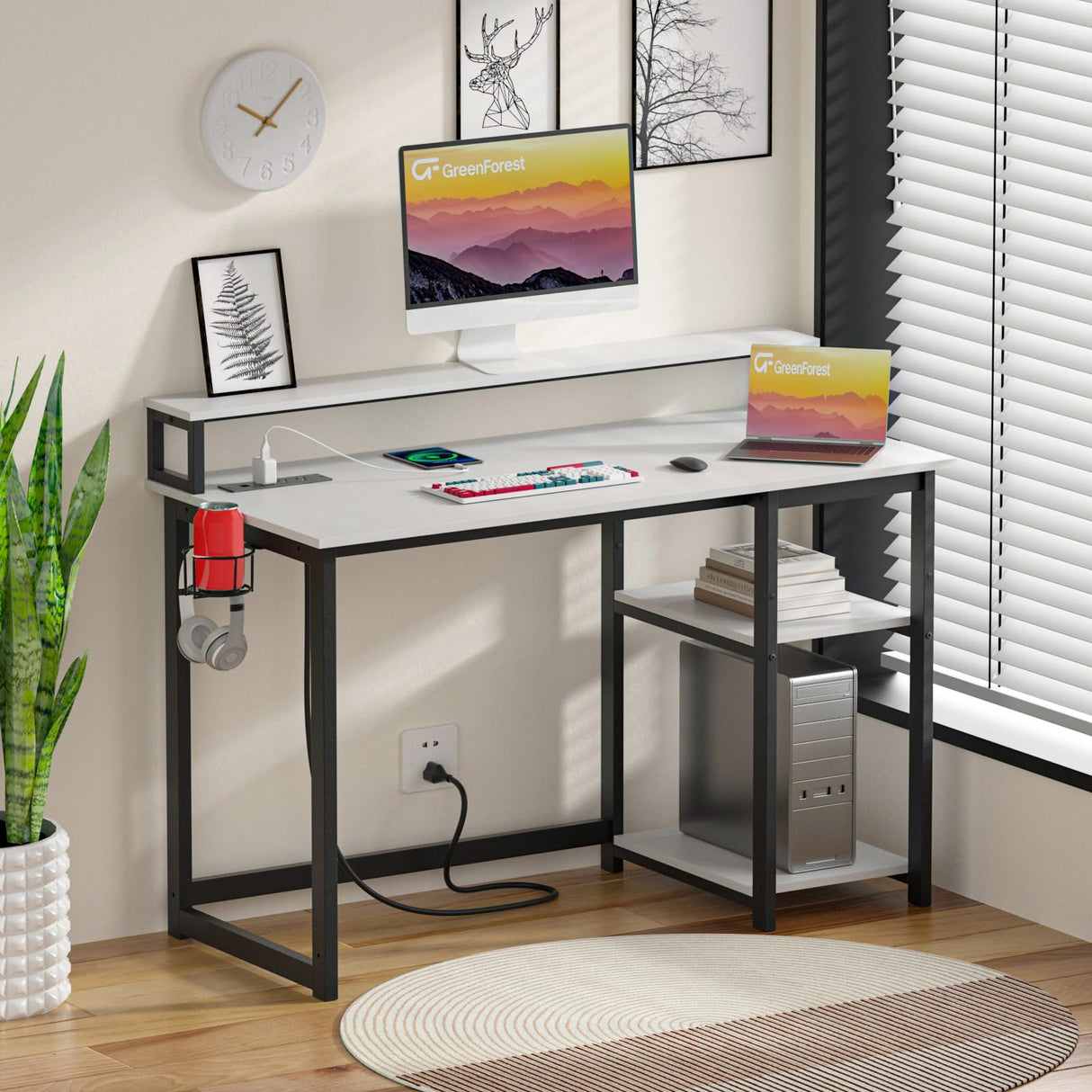 GreenForest 40 inch Home Office Desk with Power Outlets, Small Computer Desk with Ergonomic Monitor Stand, Reversible Gaming Desk, Modern Study Desk, Laptop Desk, White GreenForest