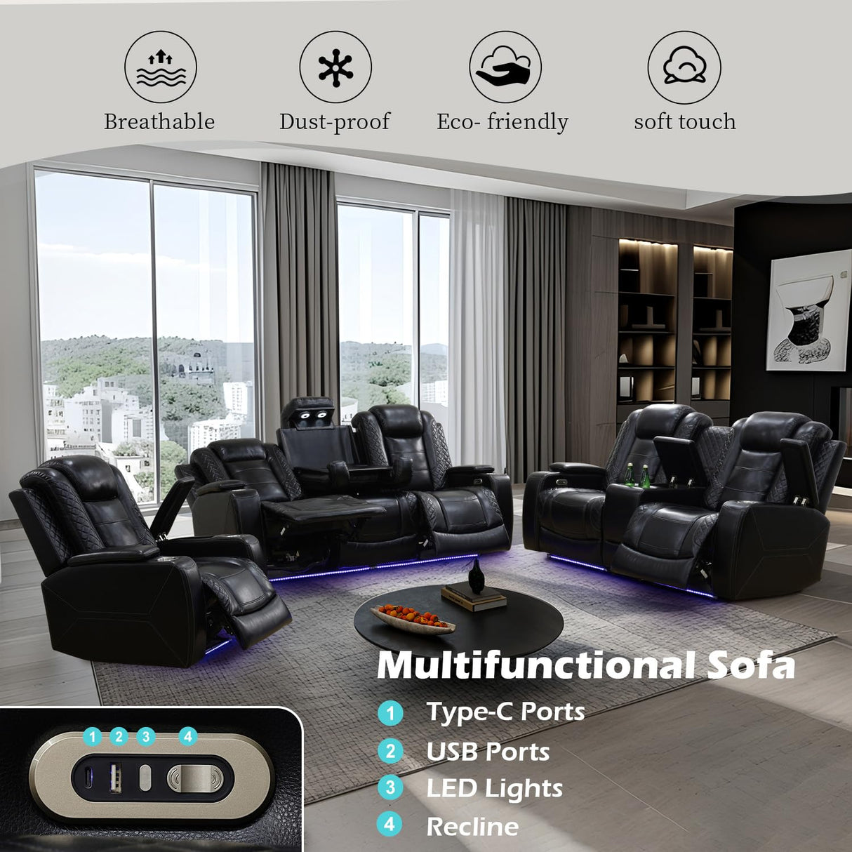 SIENWIEY Power Recliner Sofa Set with LED Lights for Living Room Furniture Set, Black Leather Reclining Couch Set, Recliner Couch with USB Port and Cup Holders,Sofa+Loveseat+Chair SIENWIEY