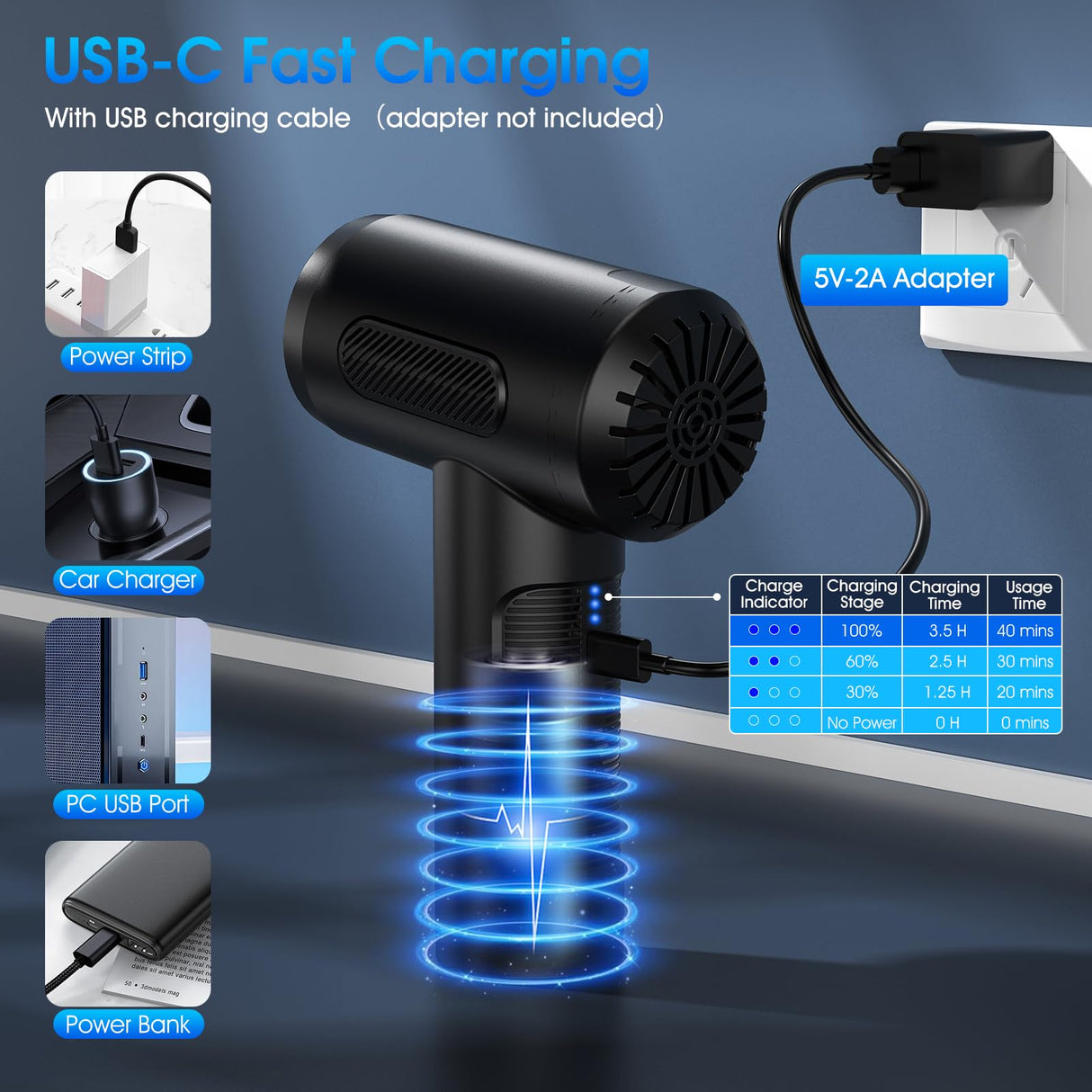 KOPIDOE Compressed Air Duster, 100000RPM Handheld Car Vacuum/Air Blower& Pump, 3 Gear Adjustable Electric Air Duster/Car Vacuum Cleaner, Keyboard KOPIDOE