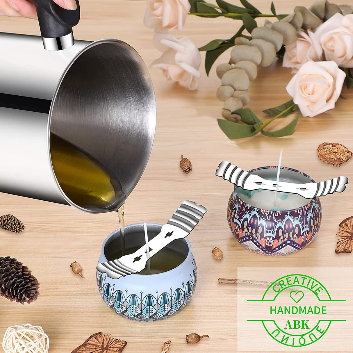 36pcs Metal Candle Wick Holders, 40pcs Candle Wick Stickers Upgraded Candle Wick Centering Devices, Silver Stainless Steel Candle Wick Holder for Candle Making ABK