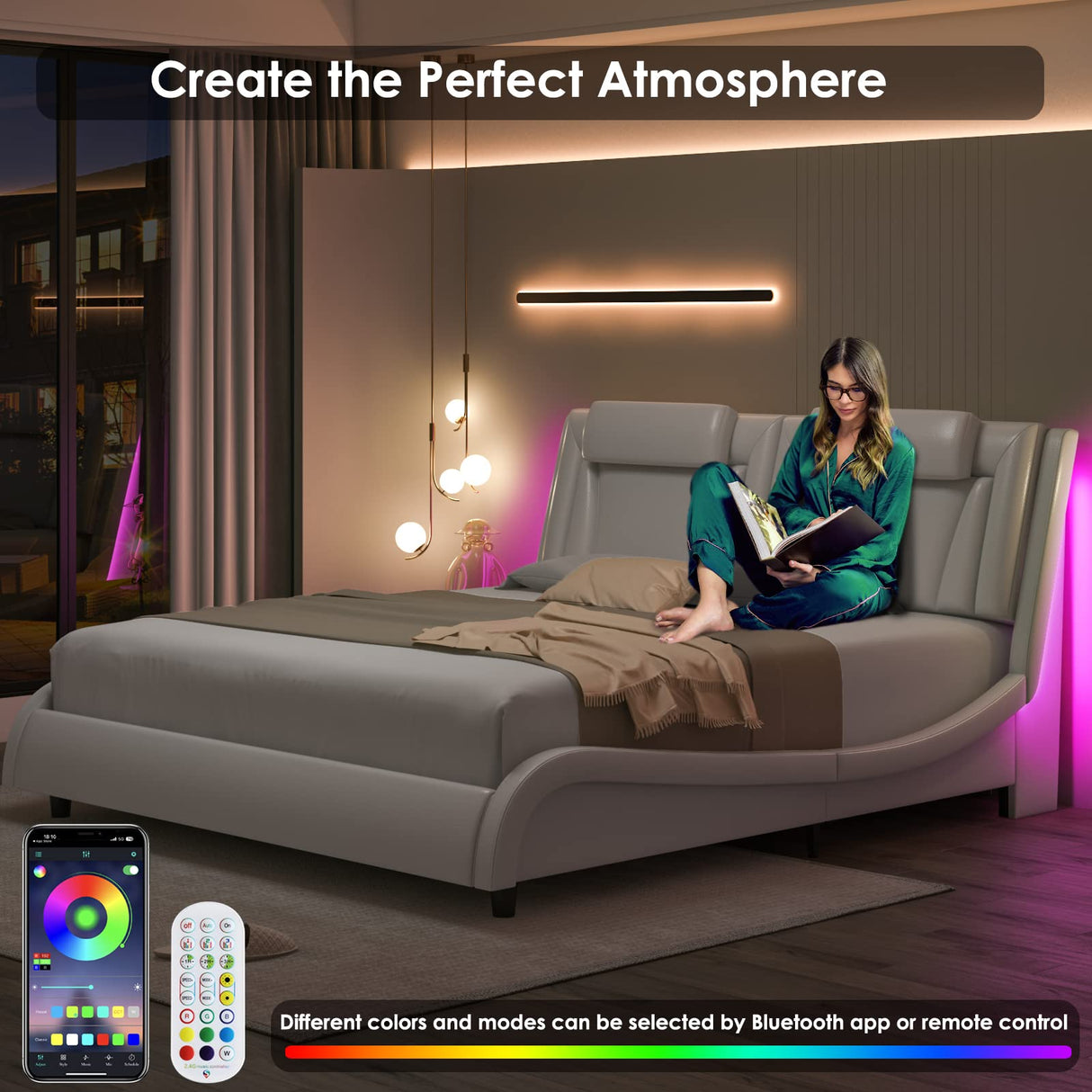 Keyluv Adjustable LED Upholstered Platform Bed Frame with Curved Design and No Box Spring Keyluv