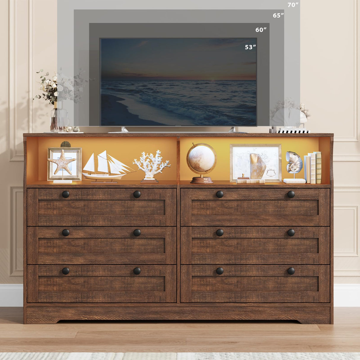 Dresser for Bedroom with 6 Drawers, Large Wooden Bedroom Dressers with Power Outlet and Led Lights, 55 Inch Wide TV Dresser, Wood Modern 6 Drawers Dressers & Chests of Drawers for Room (Rustic Brown) Patikuin