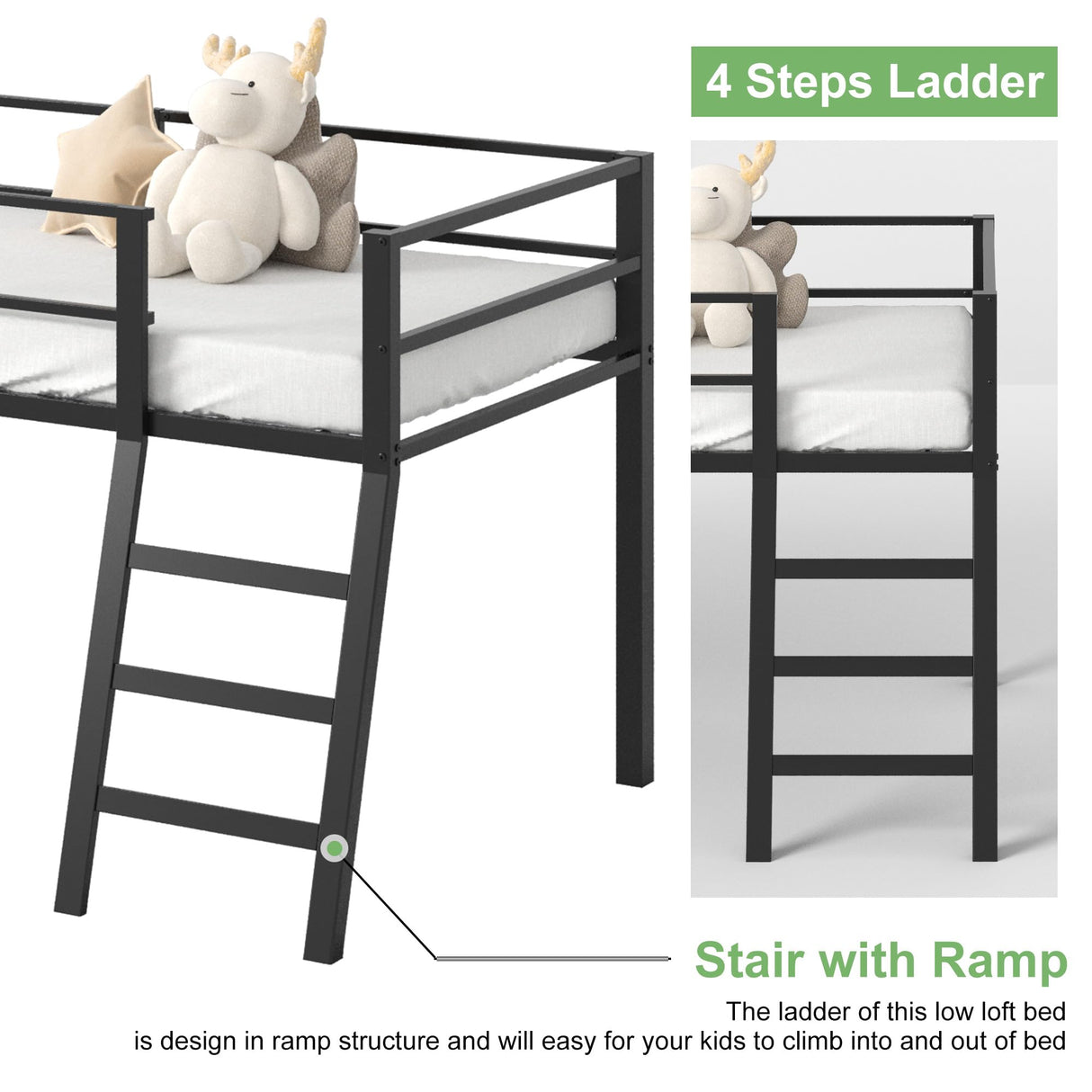Lutown-Teen Low Loft Bed Twin Size, Junior Metal Twin Loft Bed with Stairs and Safety Guard, Noise Free for Small Bedroom, Black Lutown-Teen