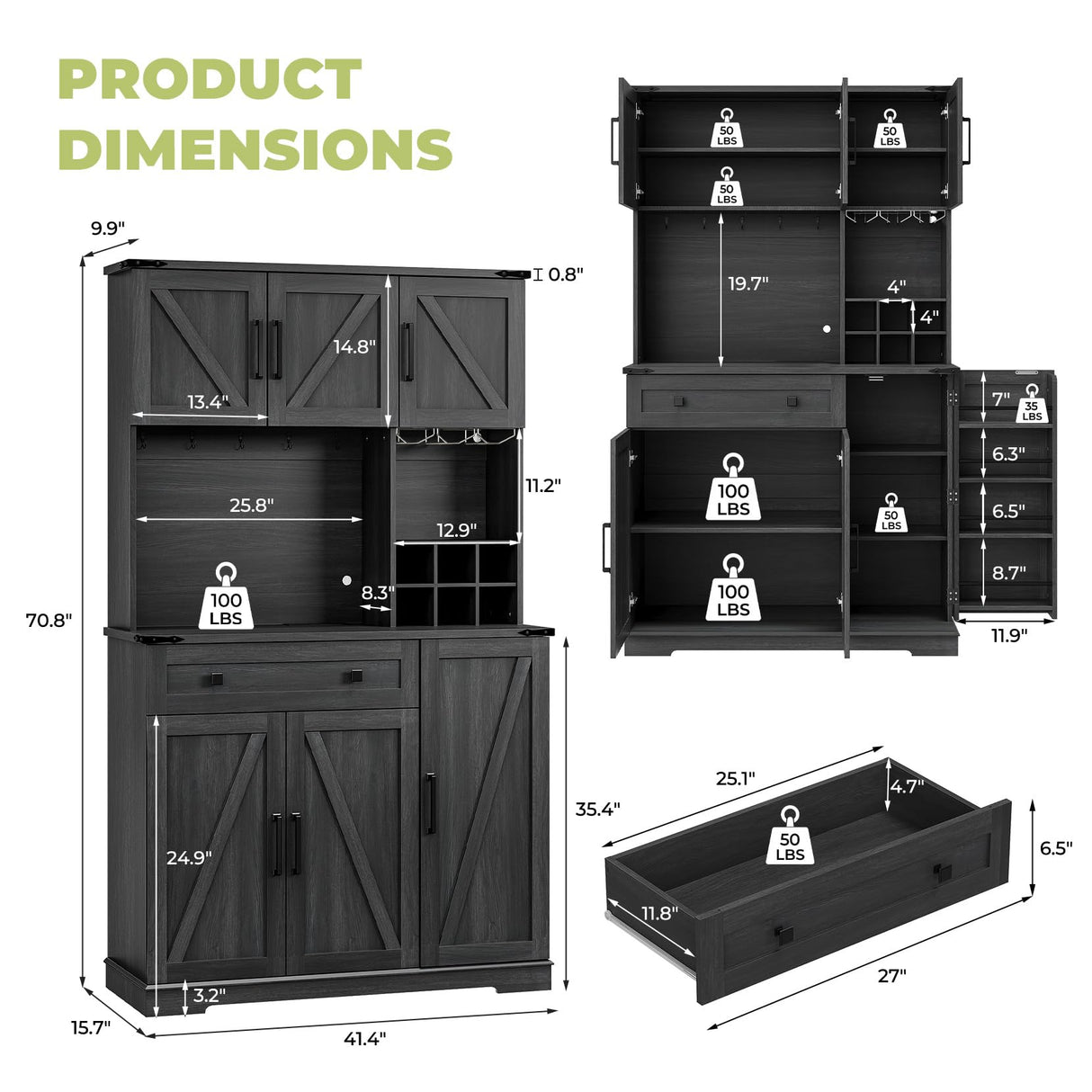 Dripex 71" Pantry Cabinet with Charging Station, Farmhouse Kitchen Pantry Storage Cabinet with Outlet & LED Light, Microwave Stand, Tall Kitchen Hutch with Storage for Living Room, Dining Room, Black Dripex