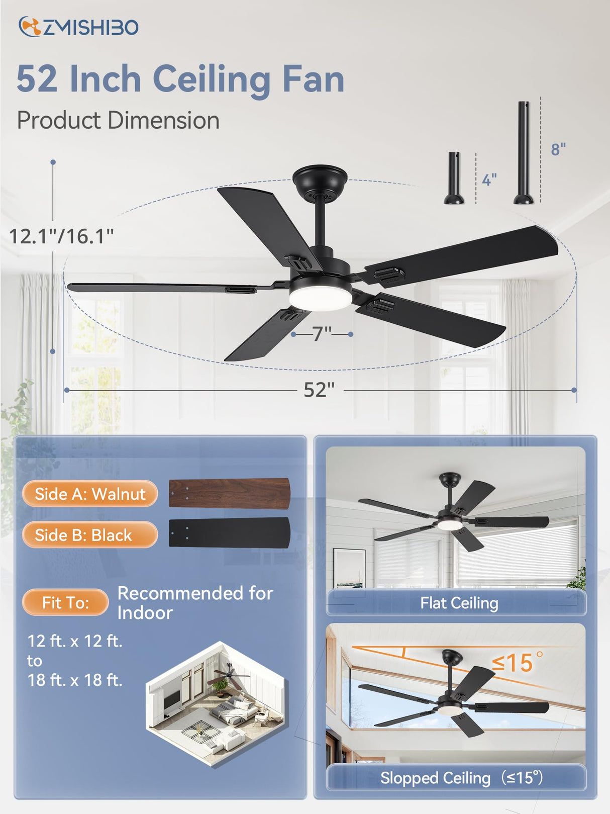 ZMISHIBO 52" Ceiling Fans with Lights, Black Modern Ceiling Fan with Remote, Farmhouse Indoor Ceiling Fan with Dual Finish Blades, Quiet & Strong Motor, Bright LED Light. ZMISHIBO