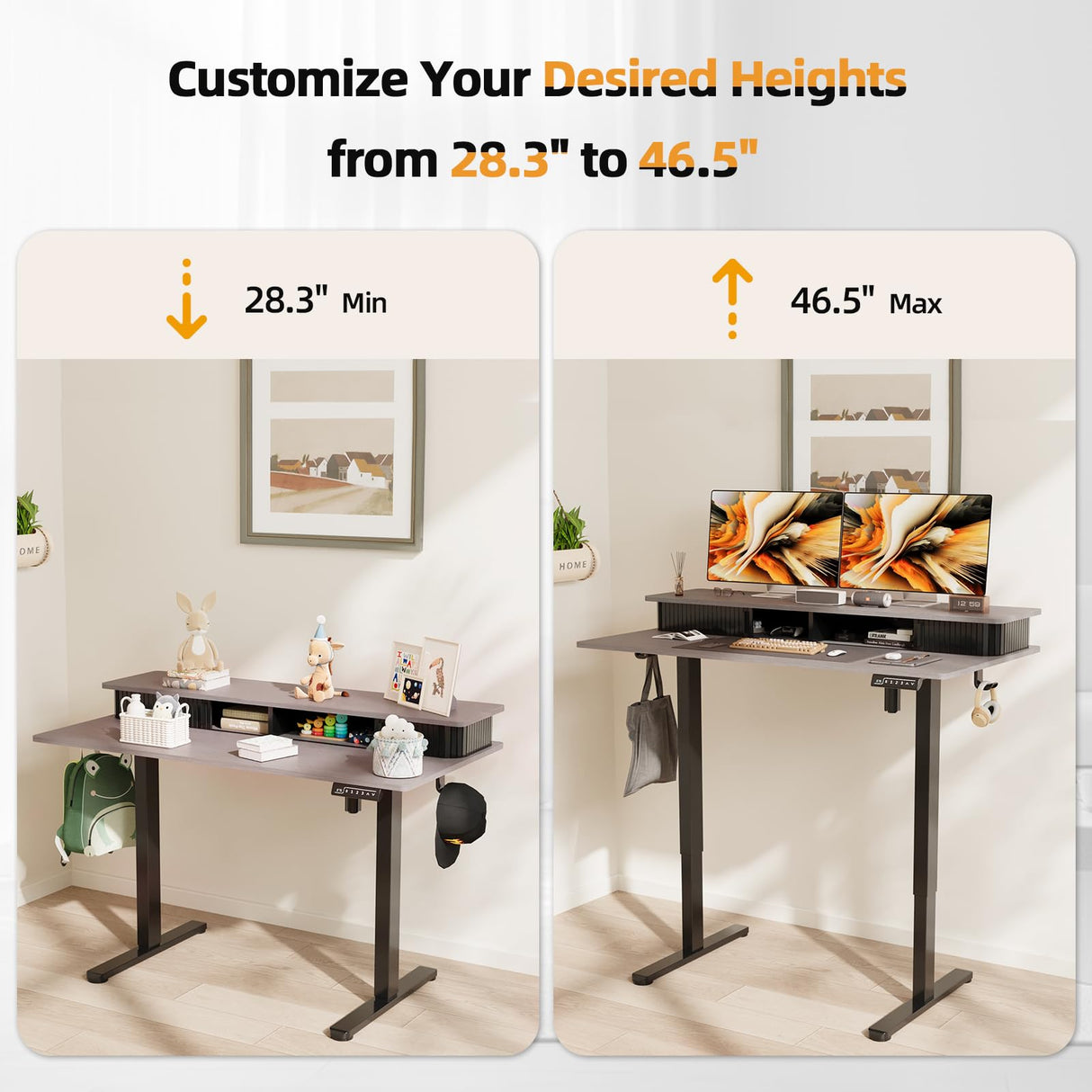 JOY worker Height Adjustable Electric Standing Desk with Storage Shelves, 55Inch Table with Built-in Monitor Stand, Sit Stand Desk with 2 Hooks for Home Office, Grey Desktop & Black Frame JOY worker