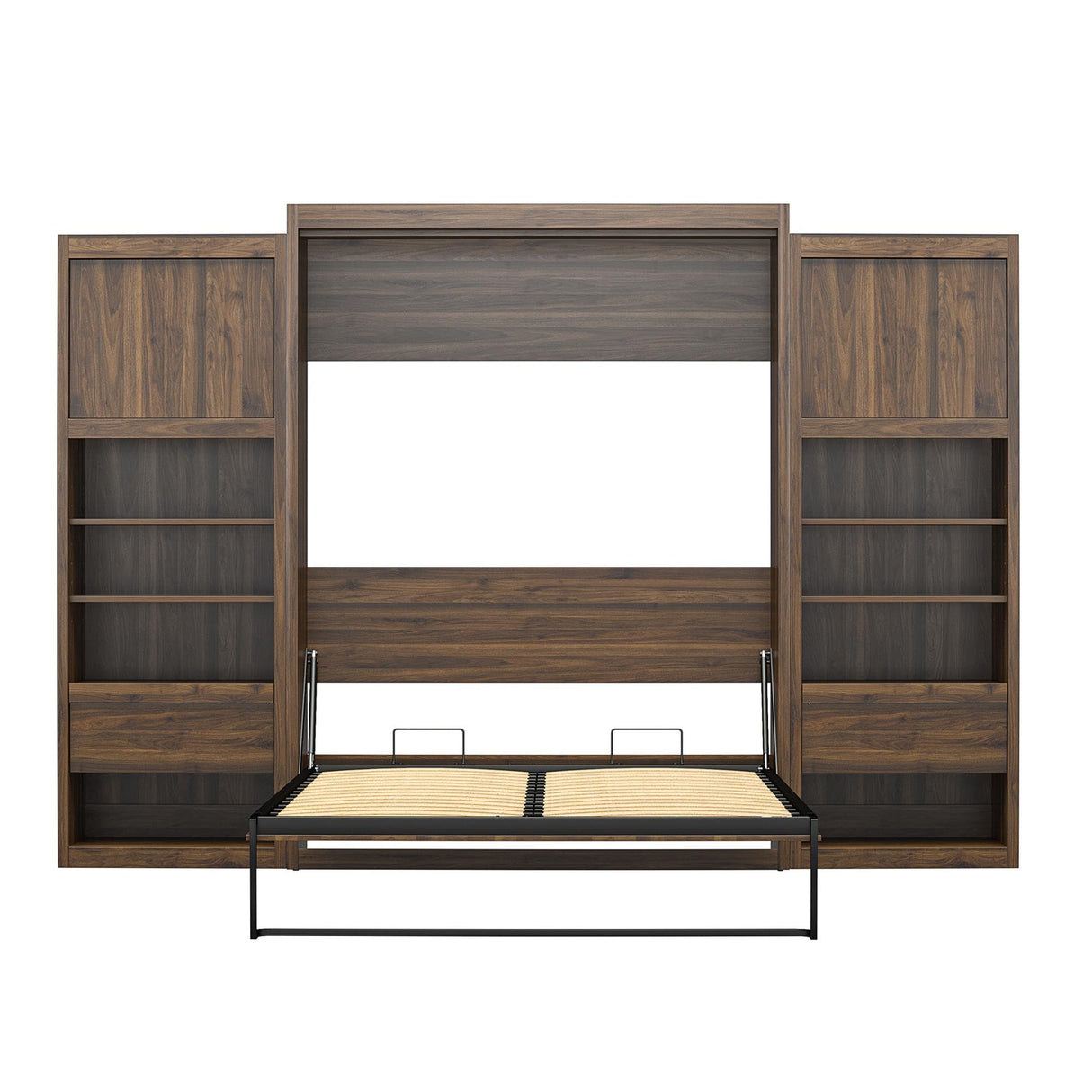 REALROOMS Halstead Queen Size Murphy Bed with 2 Nightstand Cabinets, Space-Saving Fold-Out Wall Bed with Open Shelving and Concealed Storage for Bedroom or Guest Room, Walnut REALROOMS