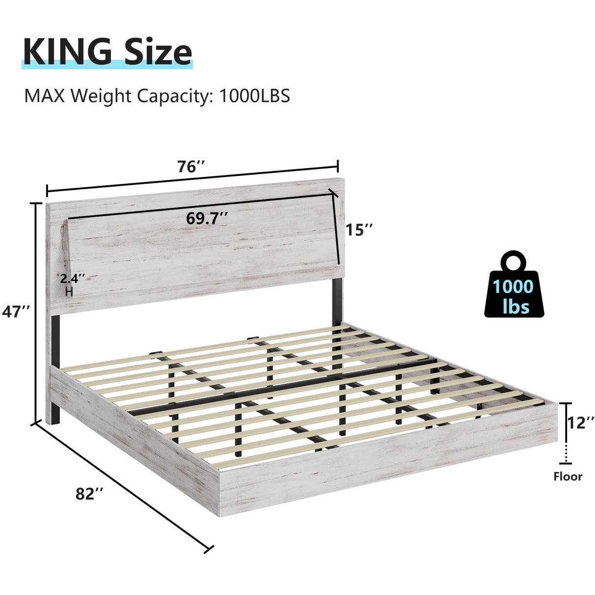 LUXOAK Distressed White King Size Floating Bed Frame with LED Headboard – Modern Farmhouse Design, Easy Assembly & Noise-Free Comfort LUXOAK