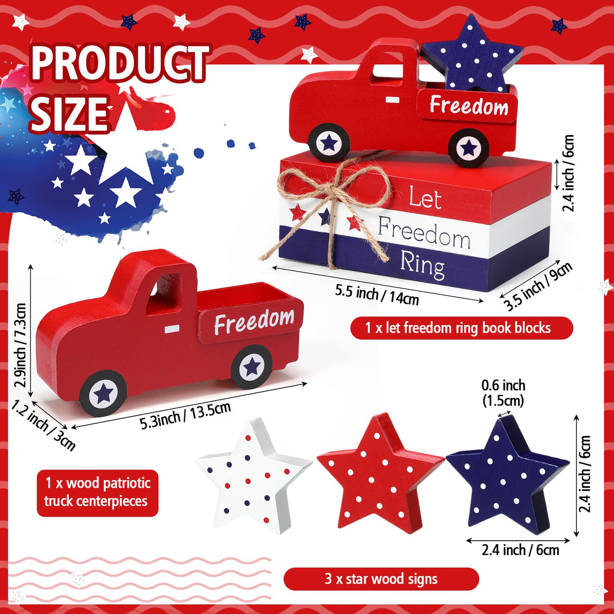 Marsui 5 Pieces Patriotic Table Decorations 4th of July Wood Blocks Let Freedom Ring Centerpieces American Wood Book Stacks for Independence Day Memorial Day Home Indoor Table Topper Tiered Tray Decor Marsui