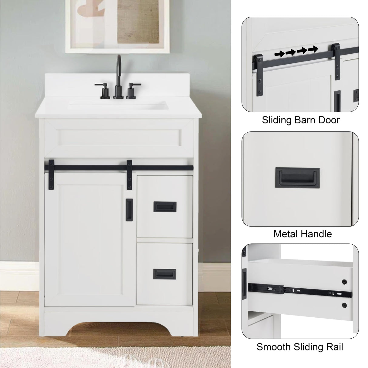 AOPNOMU 24’’ Inch White Bathroom Vanity Set - MDF+Metal Construction, with Sink,with Sliding Barn Doors and 2 Drawers, Freestanding Bathroom Vanities,White AOPNOMU