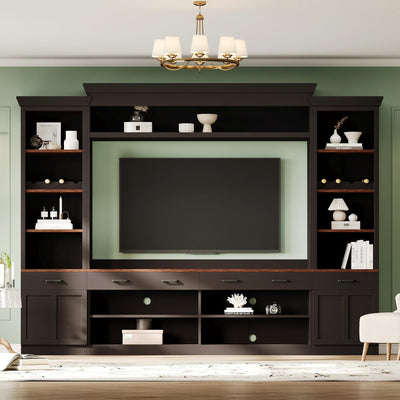 4-Piece Wall Unit TV Stand for TVs Up tp 70", Farmhouse Entertainment Center Wall Unit with Bookshelves, Large TV Stand with Adjustable Shelves and Cabinet for Living Room, Black