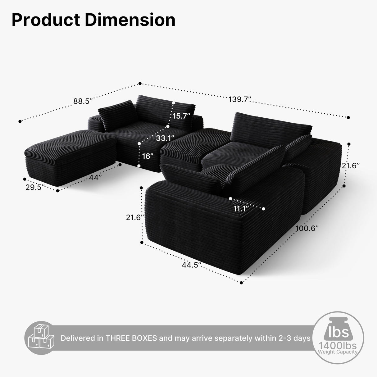 Yomsum 184'' Living Room Sectional Couch with Double Layer Black Plush Corduroy Fabric, 6 Seater Boneless L Shaped Cloud Couch in a Box, No Assembly Modular Sectional Sofa Bed with Ottoman Yomsum