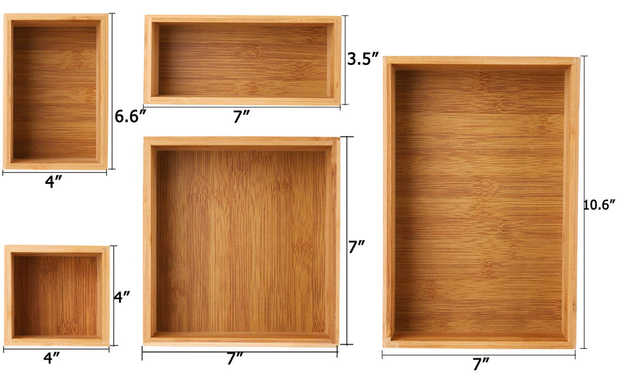 Lawei Set of 5 Bamboo Drawer Organizer Boxes, Desk Storage Box Kit, Drawer Storage Containers Tray Bins for Office, Kitchen, Bedroom, Children Room, Craft, Sewing Lawei