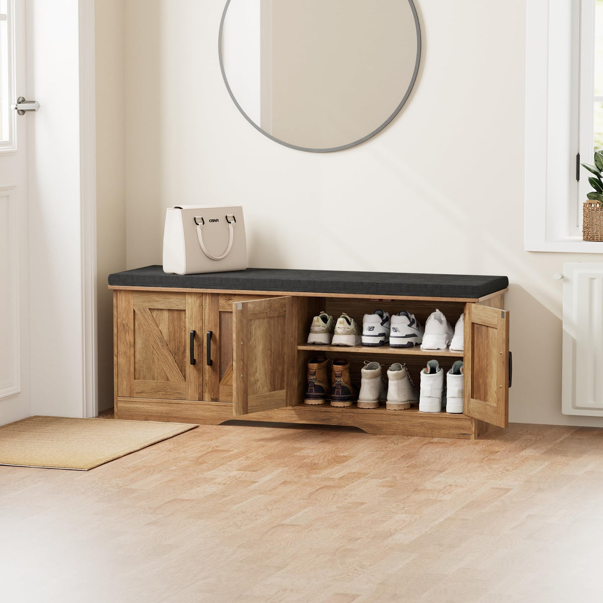 HOMSHO 2-Tier Storage Bench, Shoe Bench with Padded Seat Cushion, Entryway Bench with 4 Barn Doors, Adjustable Shelf, 13.8" D x 47.2" W x 17.7" H, for Entryway, Living Room, Bedroom, Rustic Walnut HOMSHO