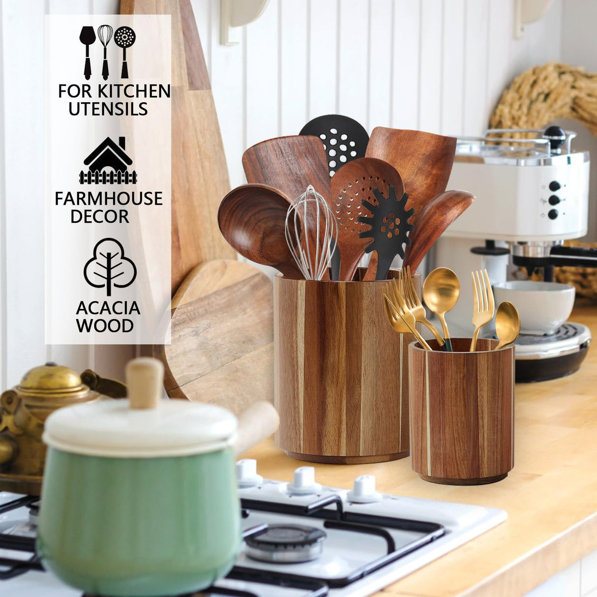 Sameme Acacia Wood Utensil Holder for Kitchen Counter, 360° Rotating 7.3"+5.7" Large Cooking Utensil Holder,Kitchen Utensil Crock for Countertop,Farmhouse Kitchen Decor,Spatula Holder Set of 2 Sameme
