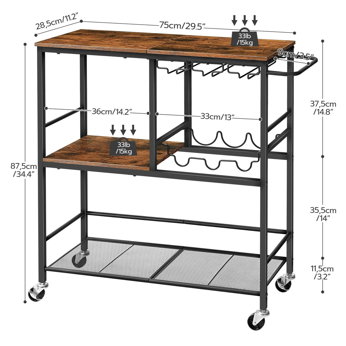 HOOBRO Bar Cart for The Home, 29.5 inches 3-Tier Serving Cart with Wheels, Rolling Kitchen Cart with Wine Rack and Glass Holder for Living Room, Party, Bar, Rustic Brown and Black BF21TC01G1 HOOBRO