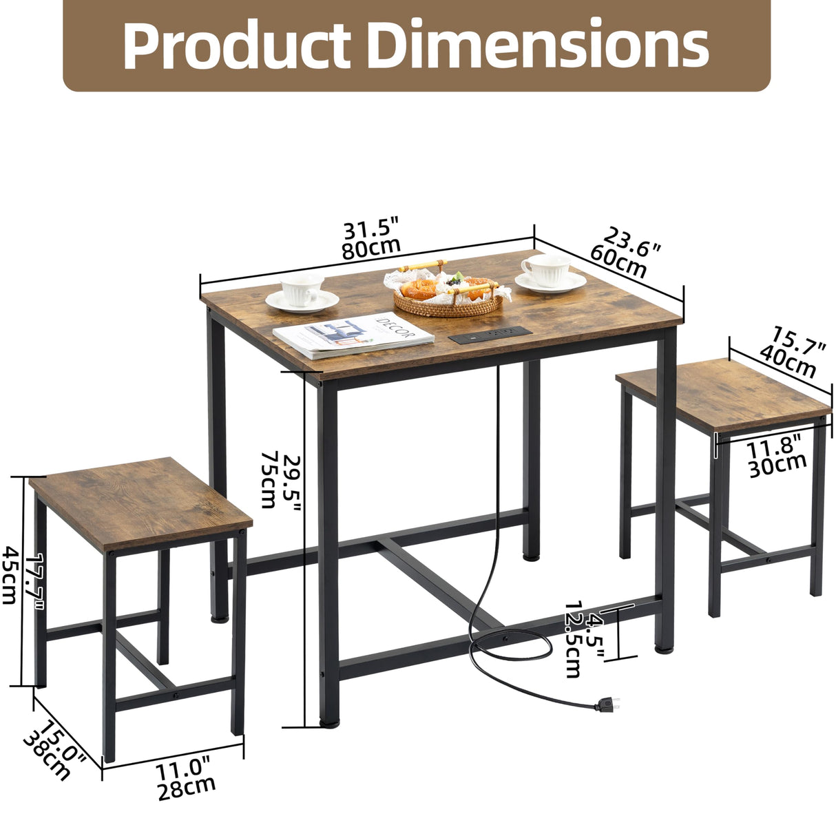 Finnhomy 3-Piece Dining Table Set, Small Kitchen Table with 2 Chairs, LED Light and USB Type-C Power Outlet, Space-Saving Design for Dining Room, Living Room, Apartment, Rustic Brown Finnhomy