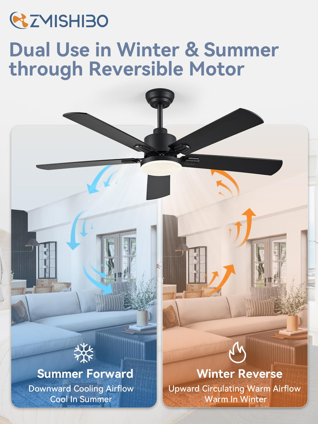 ZMISHIBO 2 Pack 52" Ceiling Fans with Lights, Black Modern Ceiling Fan with Remote, Farmhouse Indoor Ceiling Fan with Dual Finish Blades, Quiet & Strong Motor, Bright LED Light. ZMISHIBO