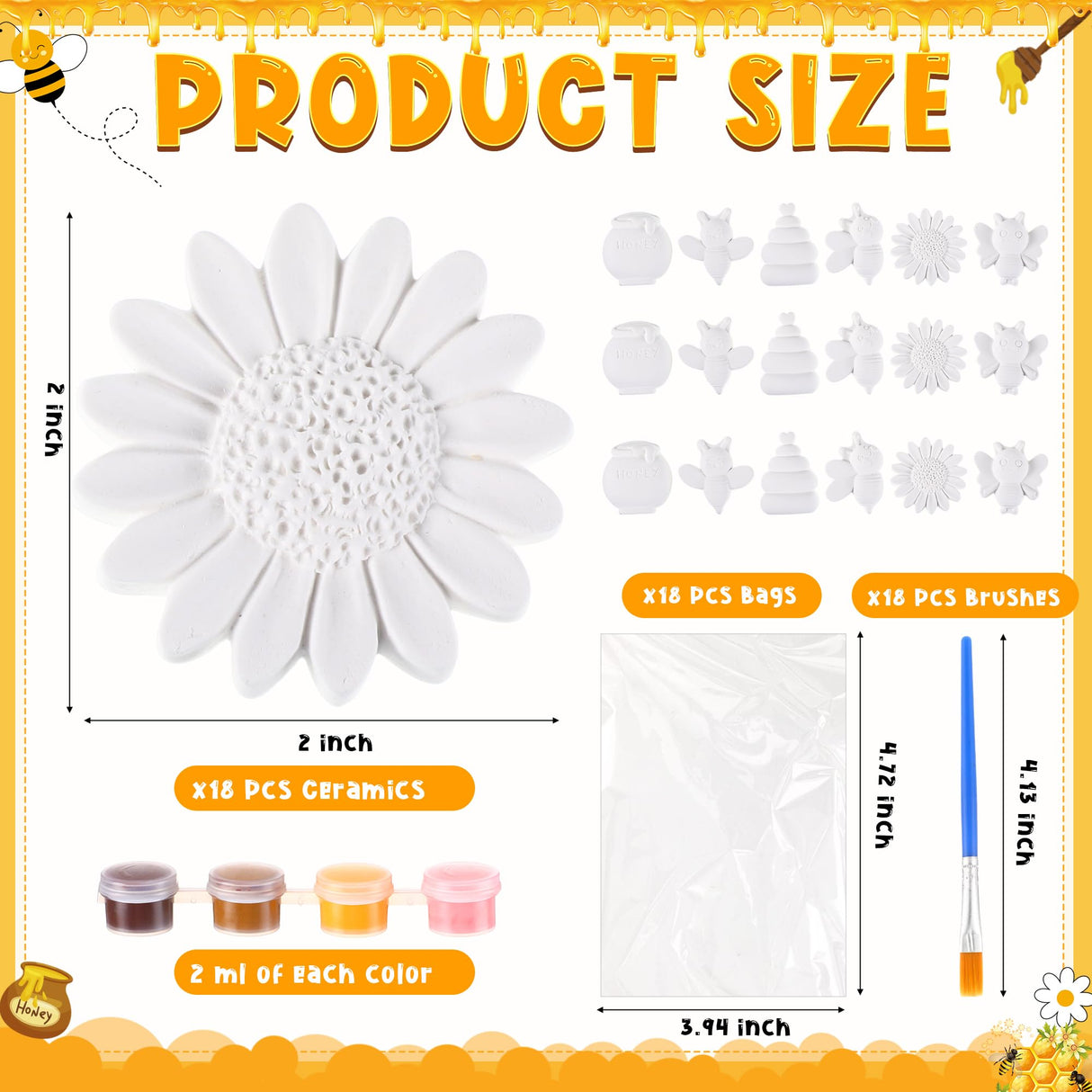Geelin 18 Set Bee DIY Painting Kit Summer Ceramic to Paint Your Own Bee Statues Unpainted Plaster Figurines Brushes Acrylic Paints Bags Party Favor for Adults Geelin