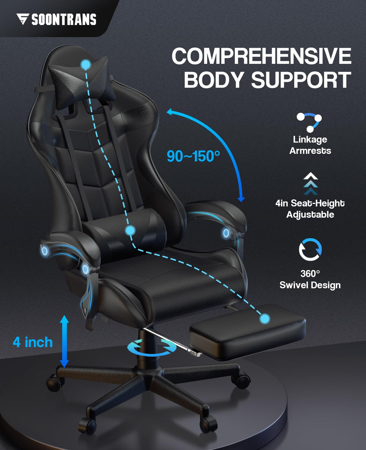 Soontrans Black Gaming Chairs with Footrest, Ergonomic Gamer Chair, Home Office Chair,PC Computer Chair with Headrest and Lumbar Support(Dark Black) Soontrans