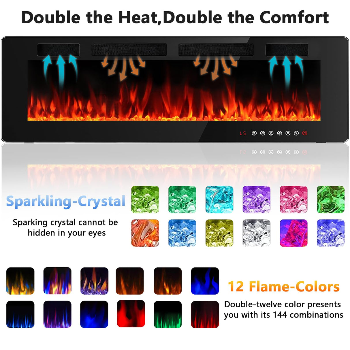 BOSSIN 72 inch Electric Fireplace Recessed and Wall Mounted, Ultra-Thin Silence Linear Electric Fireplace, 12 Adjustable Flame Color & Speed,750/1500W,Touch Screen Remote Control with 8h Timer BOSSIN