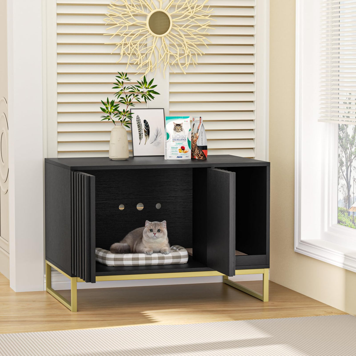 Halitaa Litter Box Enclosure, Modern Cat Litter Box Furniture Hidden Litter Box with Scratch Pad, Cat Washroom House End Table, Entryway Bench for Livingroom (Black) Halitaa