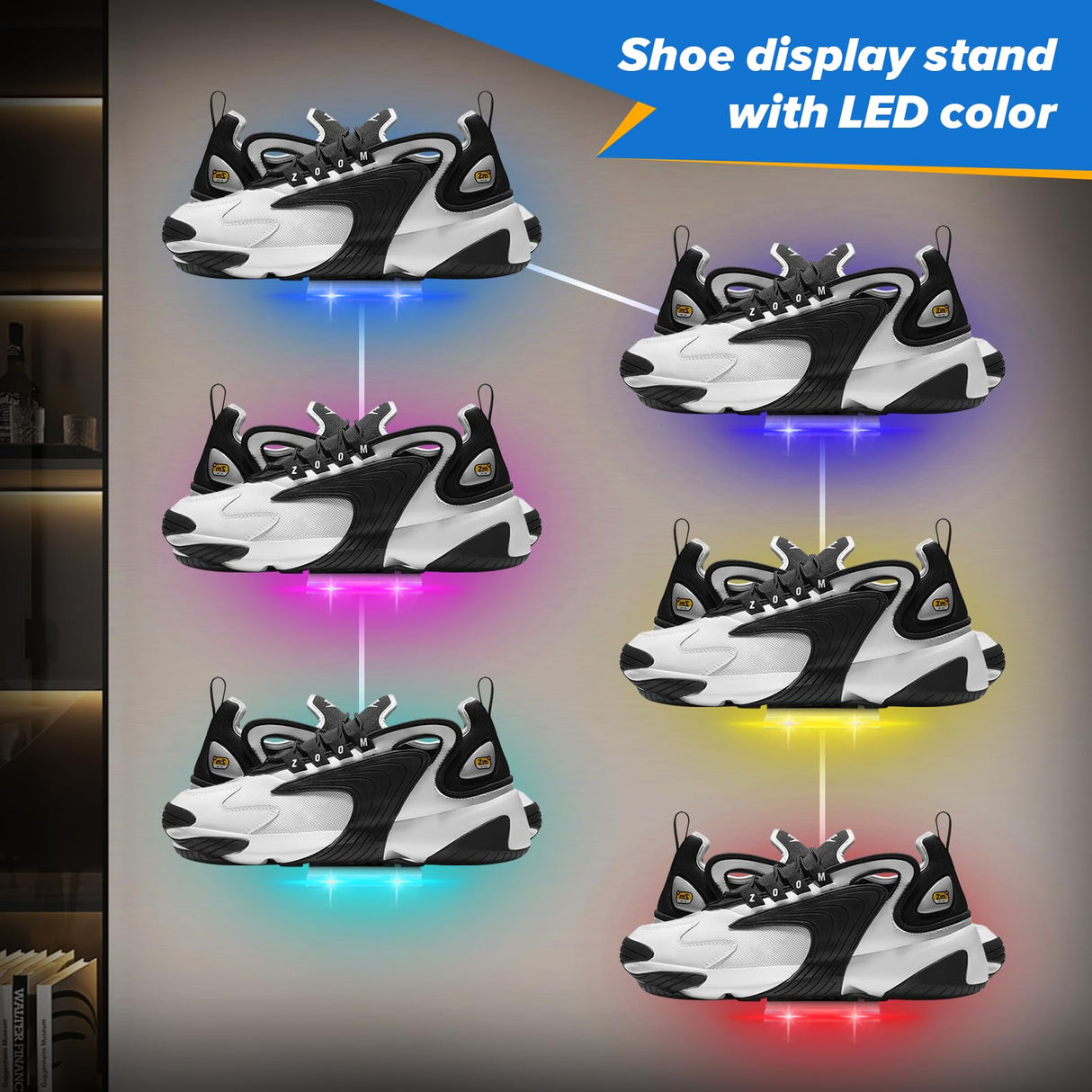 DTNESS 6Pcs Floating Shoe Display Shelf with LEDs, 8 x 3.9 Inch Clear Acrylic Wall Mounted Sneaker Rack, Glowing Levitating Shelves with 15 Screw Kits for Bedroom Gaming Room Shoe Store DTNESS