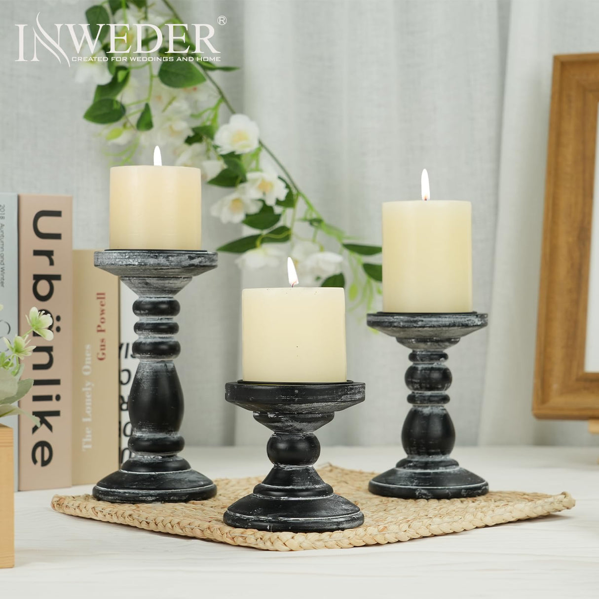 Inweder Wood Pillar Candle Holder: 3Pcs Rustic Black Candle Holders for Pillar Candles Wood Candle Holders Distressed Wooden Farmhouse Candle Holder Large Rustic Candle Holder for Fireplace Table Inweder
