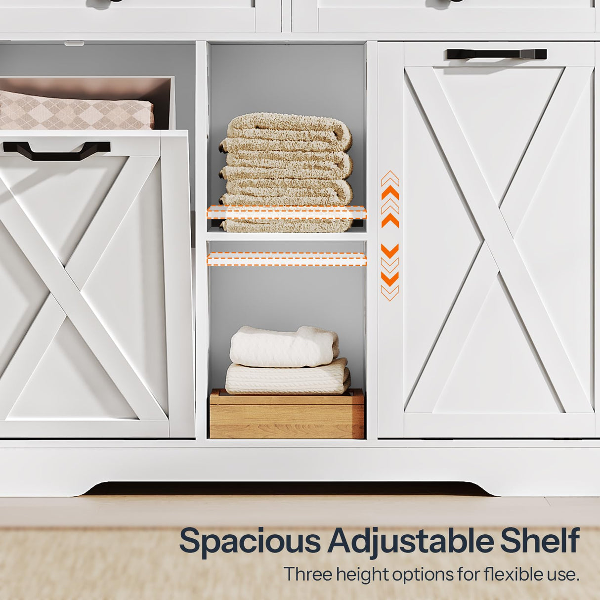 HOOBRO Double Tilt Out Laundry Hamper Cabinet, 41.7" Hidden Laundry Cabinet, with Open Shelving and 2 Removable Baskets, Farmhouse Laundry Storage Basket, for Bathroom, White and Walnut WH11XY01 HOOBRO