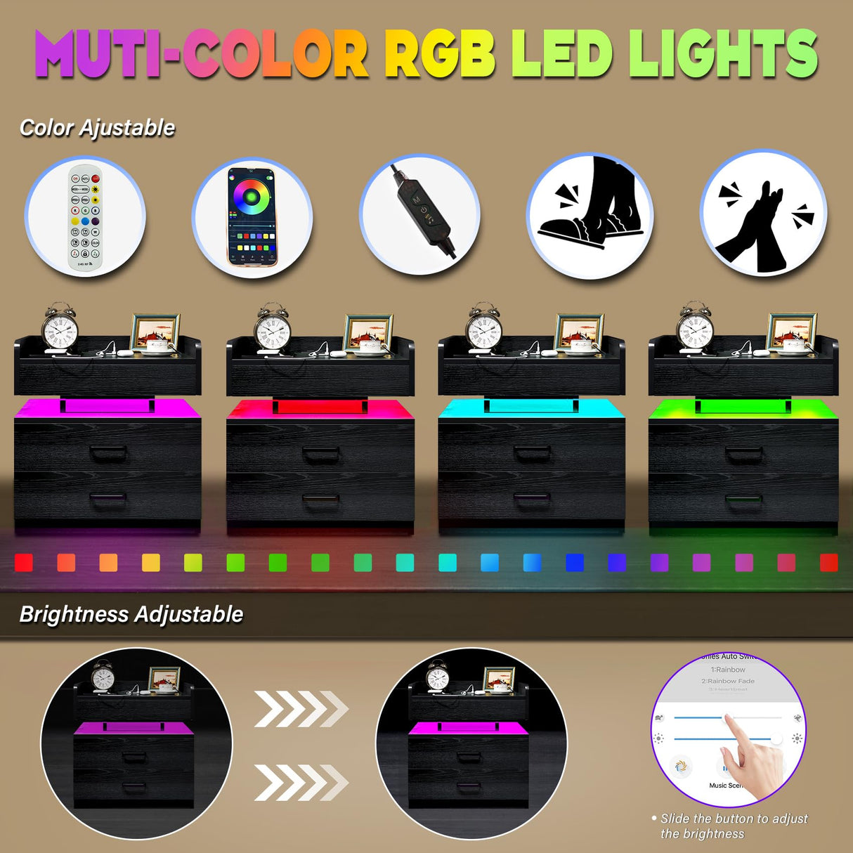 TC-HOMENY Floating Nightstand with 2 Drawers, LED Nightstand with Voice-Activated Mode, Side Table End Table with Charging Station (Black) TC-HOMENY