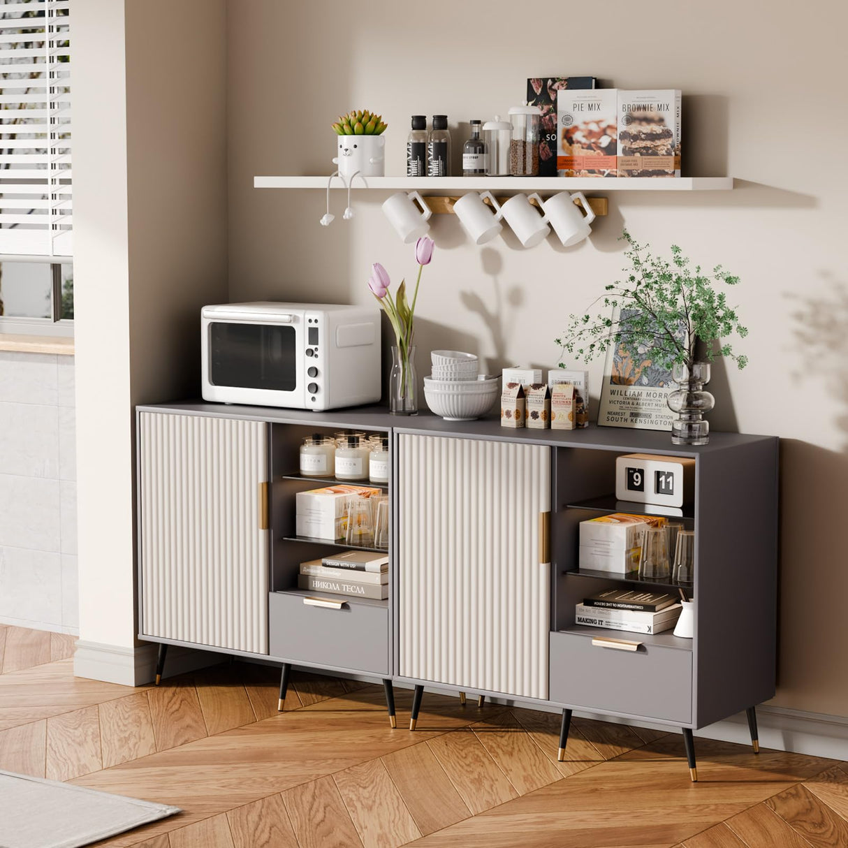 MODNEST 31" Fluted Sideboard Cabinet with Door and Drawer, Sideboard Buffet Cabinet with Storage, Coffee Bar with Adjustable Shelves for Kitchen, Living Room, Entryway, 31.5"x15.7"x31.5", Grey MODNEST