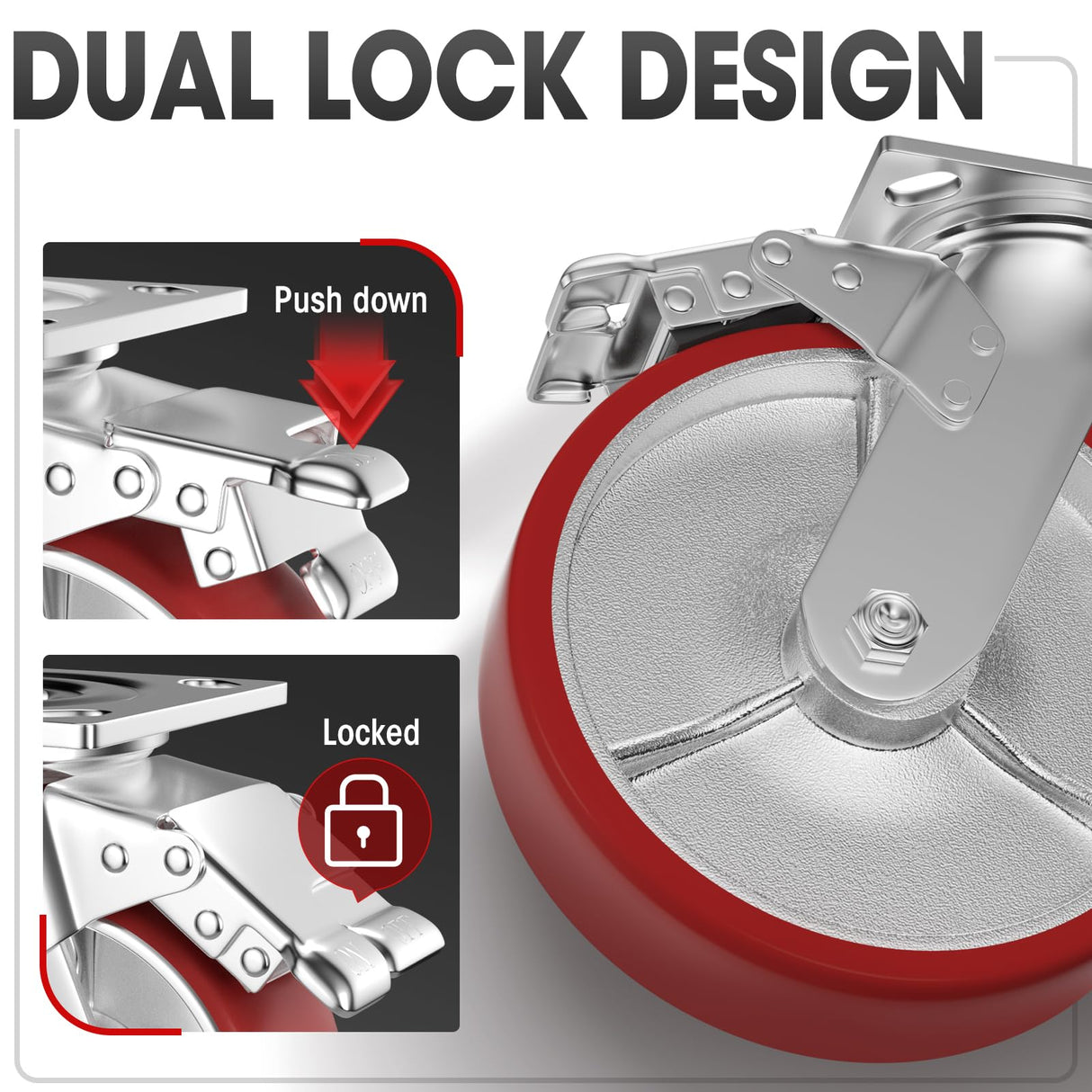 8" Caster Wheels, Casters Set of 4 - Heavy Duty Casters, Swivel Industrial Casters with Brake, Locking Casters with No Noise Polyurethane on Steel Wheels for Toolbox Workbench, Total Capacity 6000 lbs OVLLAN